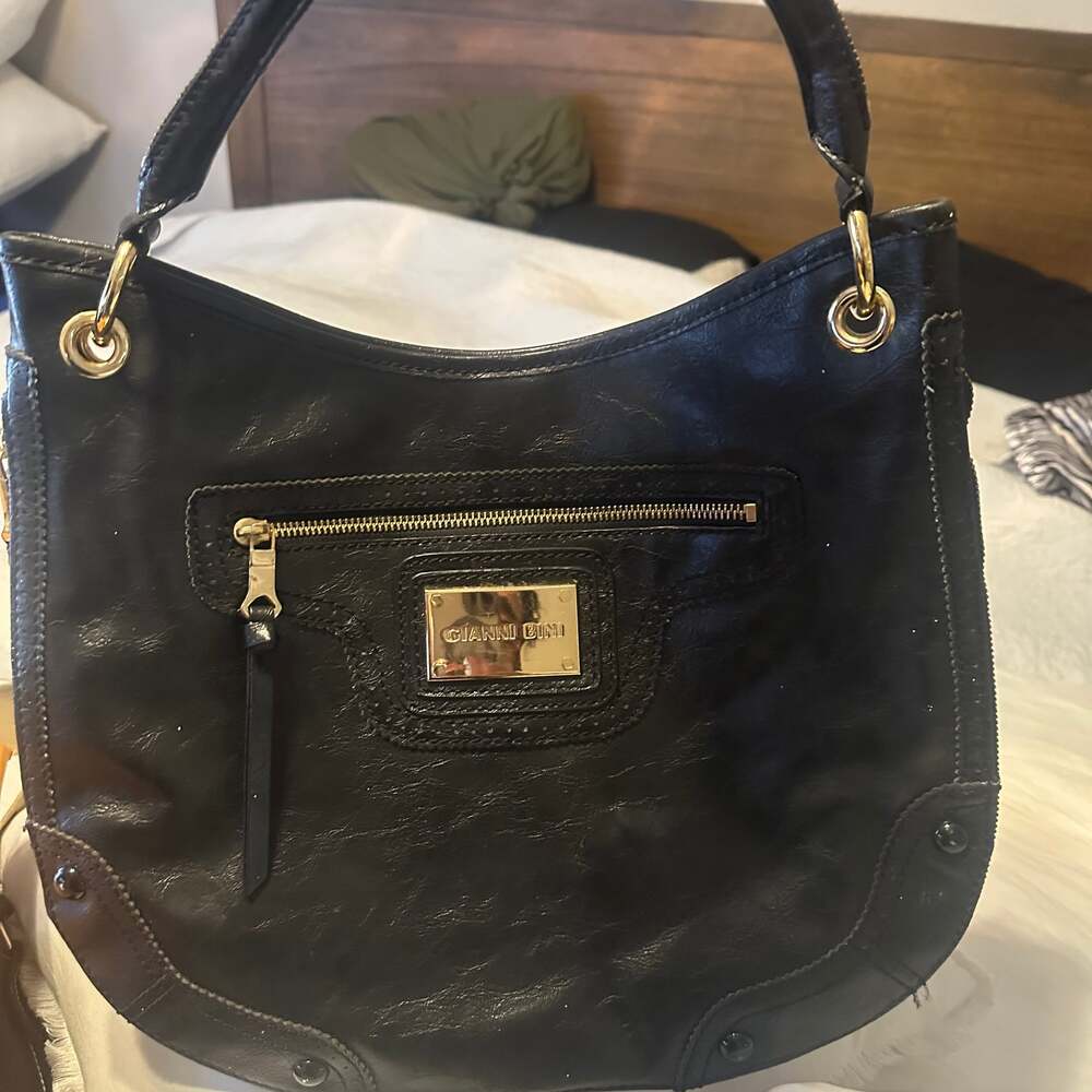 Gianni Bini Black Leather Hobo Shoulder Bag with Gold Hardware